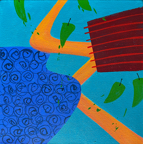 Composition with Blue Pot and Chillis, 300mm x 300mm, Acrylic on Canvas