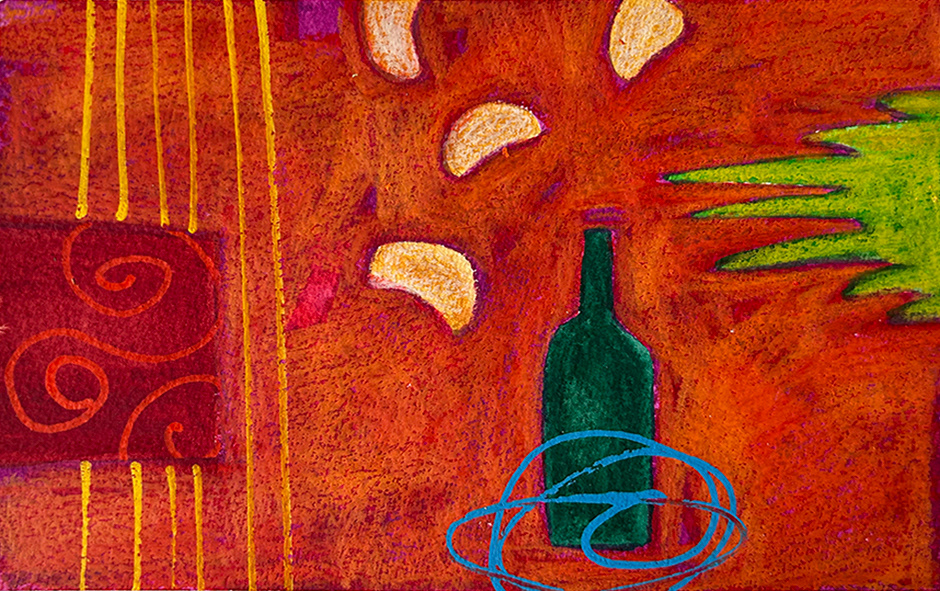 'Composition with Beans and Bottle' Water based media on Arches 300gsm paper, 210mm x 150mm
