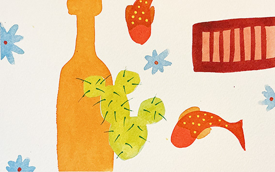 'Composition with Orange Grate', water based media and collage on 300gsm watercolour paper, 210mm x 130mm 