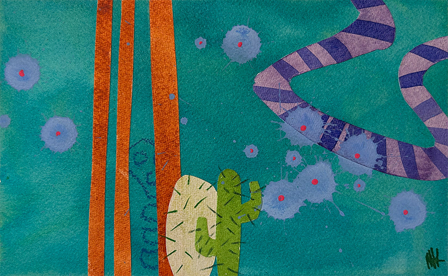 Composition with Trees, Skeleton and Cactus, water based media and collage on 300gsm watercolour paper, 132mm x 212mm