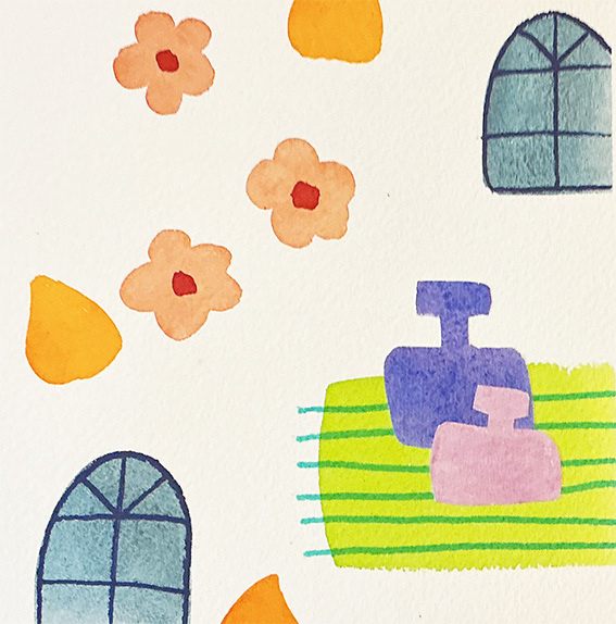 'Composition with 2 Bottles', water based media and collage on 300gsm watercolour paper, 150mm x 150mm 