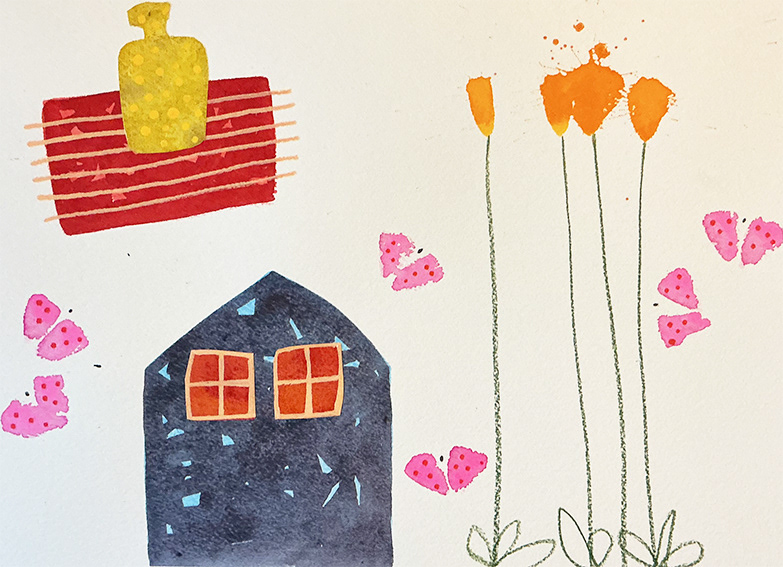 'Composition with Blue House', water based media and collage on 300gsm watercolour paper, 210mm x 130mm 