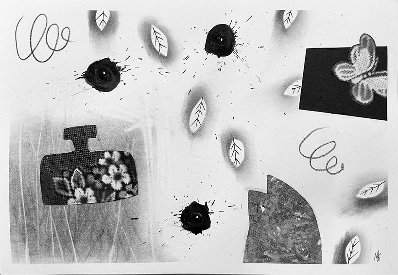 Composition with Flower Print Bottle and Angry Fish,  mixed media and collage on paper, 273mm x 397mm