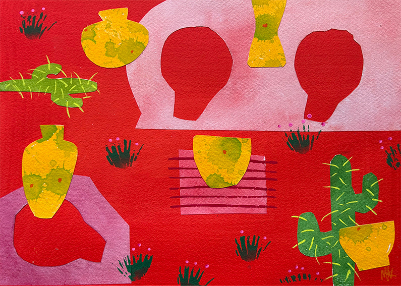 Composition with Four Pots and Two Cacti, water based media and collage on 300gsm watercolour paper, 207mm x 285mm