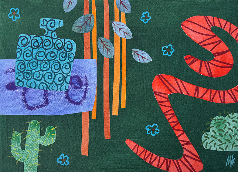 Composition with Cactus and Bush, water based media and collage on 300gsm watercolour paper, 207mm x 285mm