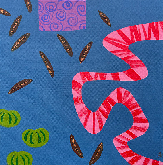 Composition with Watermelons and Pink Snake,  Acrylic on Canvas 400mm x 400mm 2025