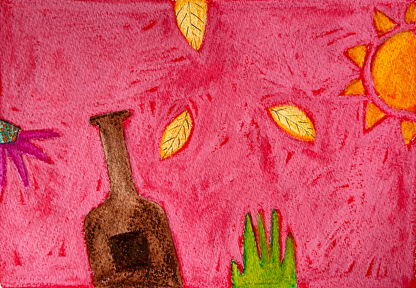 'Composition with Chiminea and Orange Sun' Water based media on Arches 300gsm paper, 2210mm x 150mm