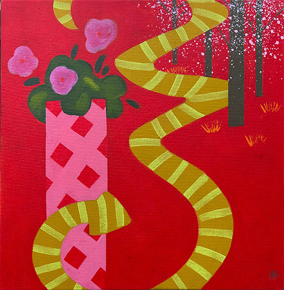 Composition with Pot Plant and Yellow Snake,  Acrylic on Canvas 400mm x 400mm 2025