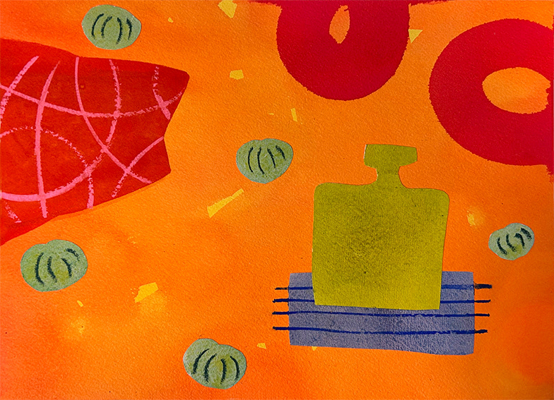 Composition with Red Fish and Green Pumpkins, 207mm x 285mm, water based media and collage on 300gsm watercolour paper