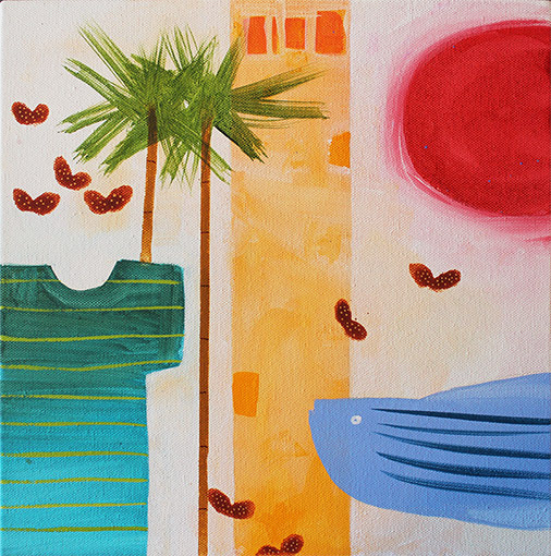 'Composition with Turquoise Kimono and Palm Trees' 300mm x 300mm Acrylic on Canvas 2025