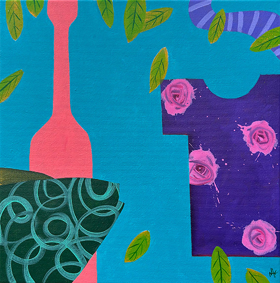 Composition with Green Fish and Purple Shirt,  Acrylic on Canvas 400mm x 400mm 2025