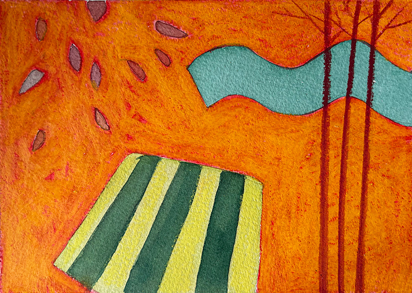 'Composition with River and Striped Blanket' Water based media on Arches 300gsm paper, 210mm x 150mm