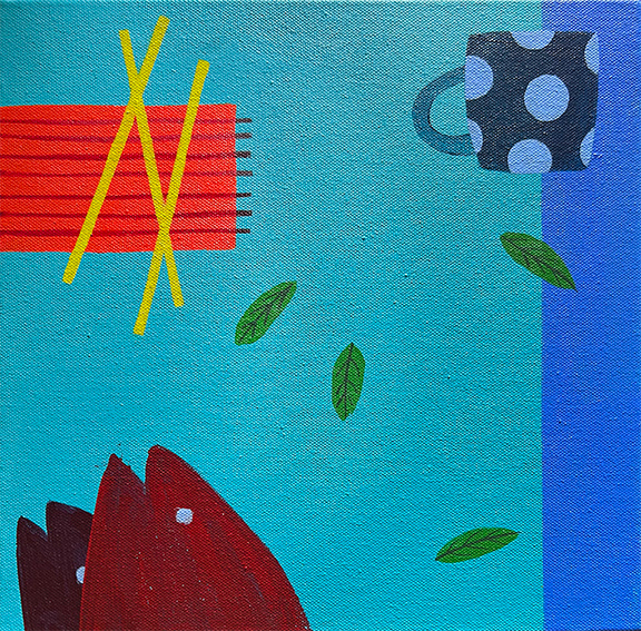 Composition with Red Rug and Blue Mug, 300mm x 300mm, Acrylic on Canvas