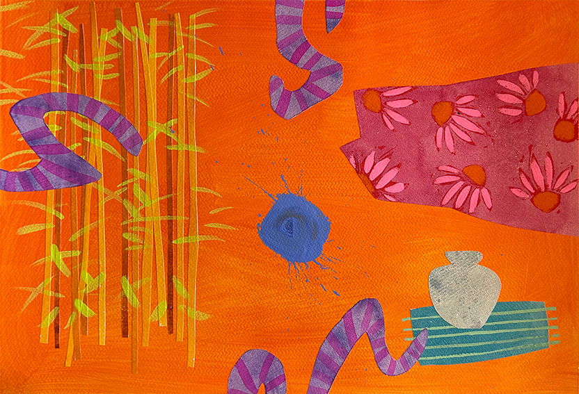 Composition with Bamboo and Pink Fish, water based media and collage on 300gsm watercolour paper, 325mm x 476mm, 