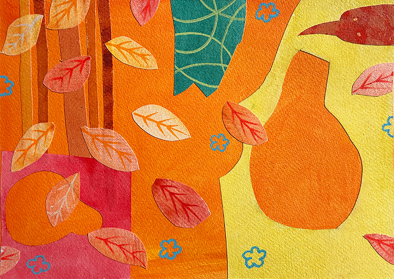 Composition with Trees and Crimson Crow, water based media and collage on 300gsm watercolour paper, 207mm x 285mm