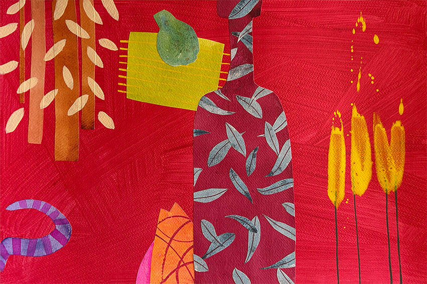 Composition with Pear and Yellow Tulips, water based media and collage, 325mm x 476mm