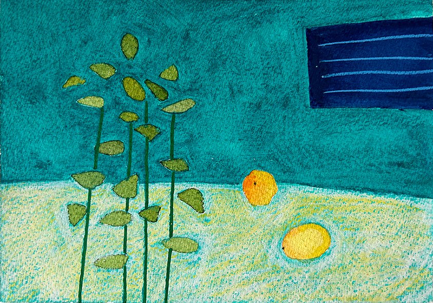 'Composition with Yellow Fruit and Blue Louvred Window'Water based media on Arches 300gsm paper, 210mm x 150mm