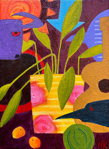 'Composition with Lilac Bull and Prayer Plant' 150mm x 100mm Acrylic on Canvas 2024 SOLD