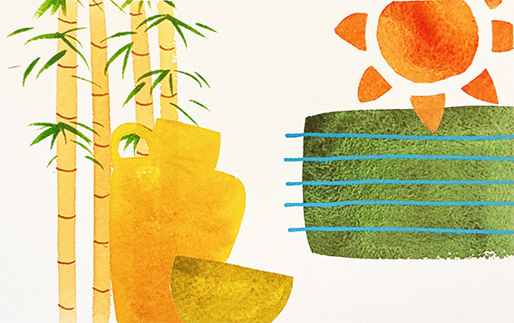 'Composition with Bamboo and Green Rug', water based media and collage on 300gsm watercolour paper, 210mm x 130mm 