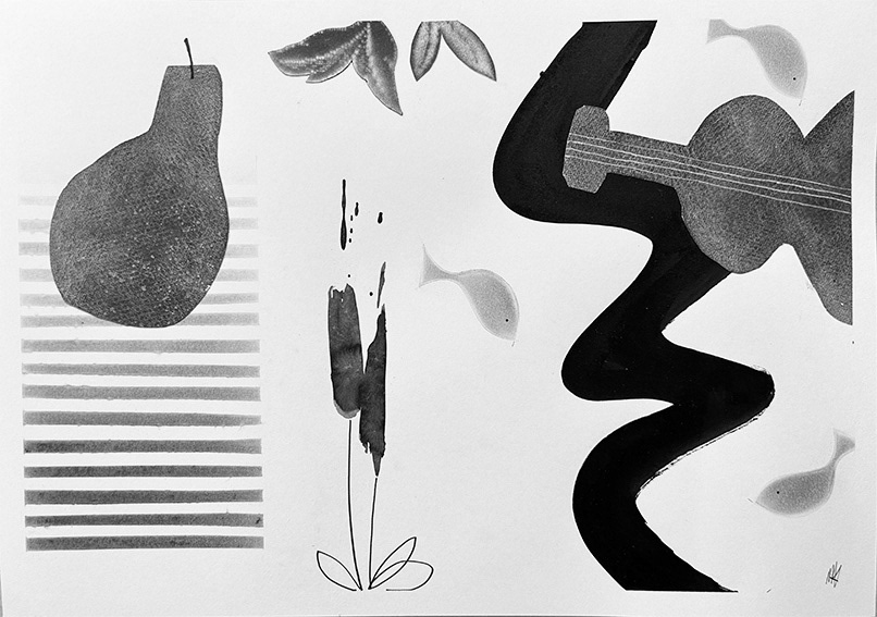 Composition with Pear and Guitar, mixed media and collage on paper, 273mm x 397mm