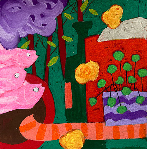 'Study for Composition with Pink Fish and Money Plant' 140mm x 140mm Gouache on 300gsm Strathmore Mixed Media Paper 2024