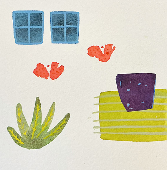 'Composition with Windows and Purple Pot', water based media and collage on 300gsm watercolour paper, 150mm x 130mm 