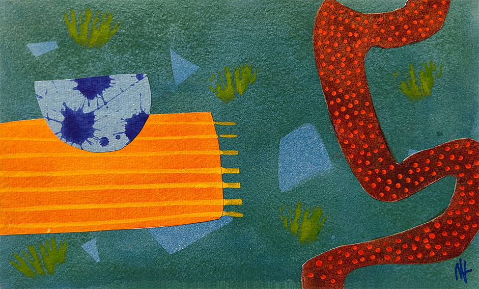 Composition with Orange Rug and Spotty Snake, 132mm x 212mm, water based media and collage on 300gsm watercolour paper