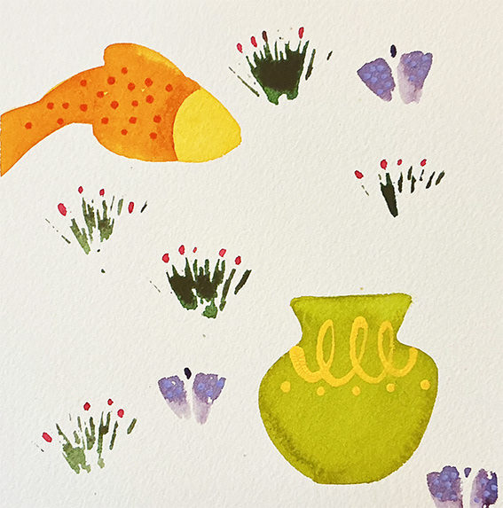 'Composition with Green Urn', water based media and collage on 300gsm watercolour paper, 150mm x 150mm 