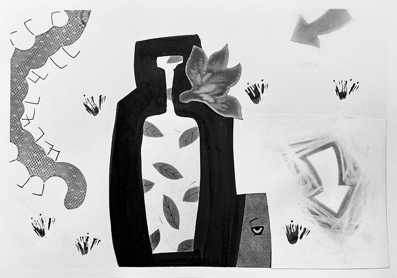 Composition with Millipede and Leaf Print Bottle, mixed media and collage on paper, 273mm x 397mm