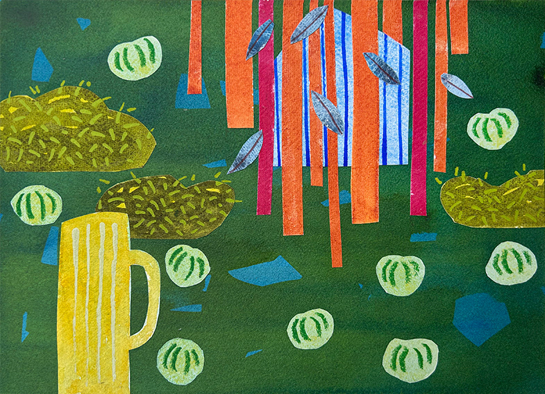 Composition with Blue Shed and Bushes, water based media and collage on 300gsm watercolour paper, 207mm x 285mm