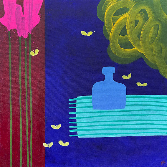Composition with Blue Bottle,  Acrylic on Canvas 500mm x 500mm 2025