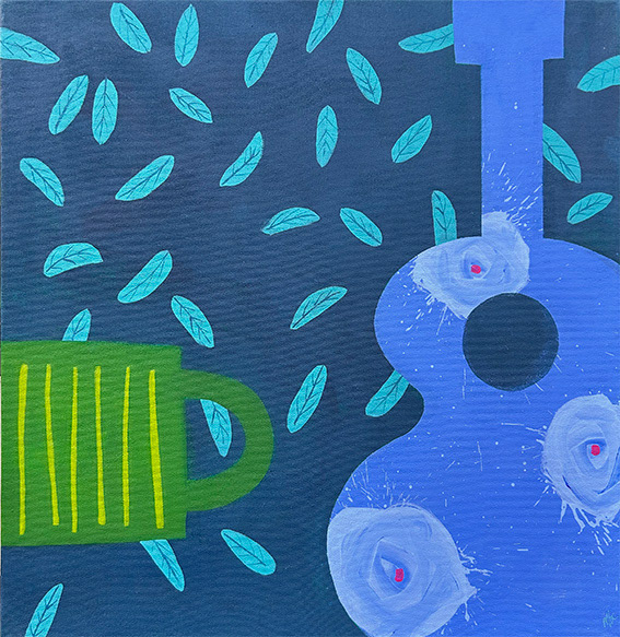 Composition with Green Mug and Blue Guitar,  Acrylic on Canvas 500mm x 500mm 2025