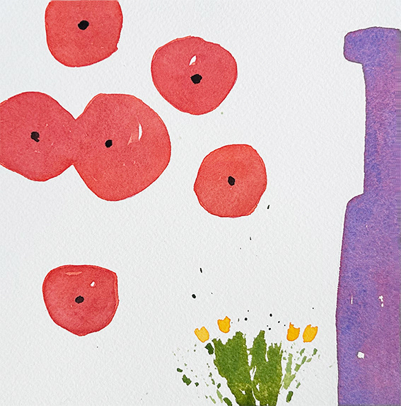 'Composition with Poppies and Purple Bottle', water based media and collage on 300gsm watercolour paper, 150mm x 150mm 