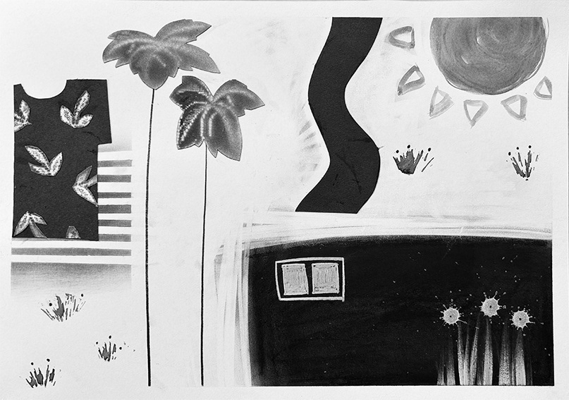 Composition with Leaf Print Shirt and Palm Trees, mixed media and collage on paper, 273mm x 397mm