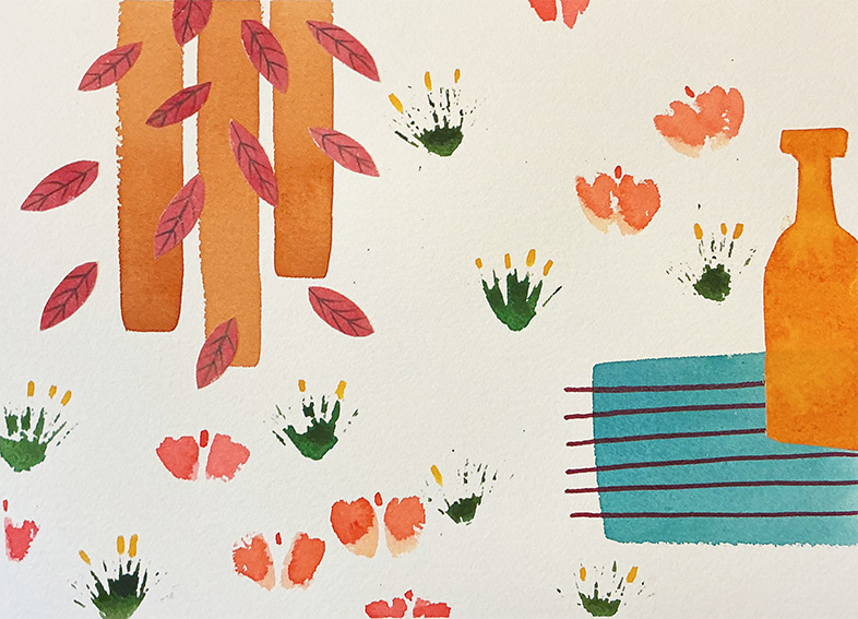 'Composition with Trees and Orange Bottle', water based media and collage on 300gsm watercolour paper, 210mm x 130mm 