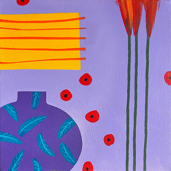 Composition with Yellow Rug and Purple Pot, 300mm x 300mm, Acrylic on Canvas
