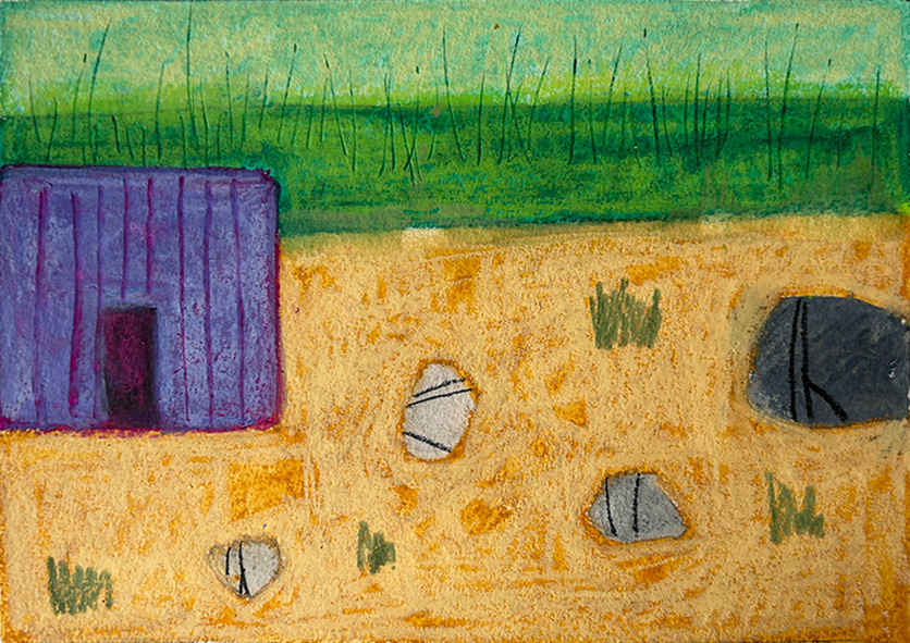 'Composition with Purple Shed and Pebbles' Water based media on Arches 300gsm paper, 210mm x 150mm