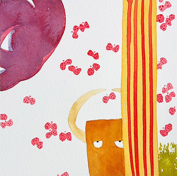 Composition with Red Moths and Bull, watercolour on Arches 300gsm watercolour paper, 150mm x 150mm