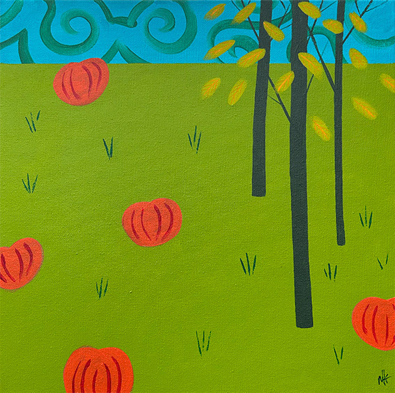 Composition with Trees and Pumpkins,  Acrylic on Canvas 400mm x 400mm 2025