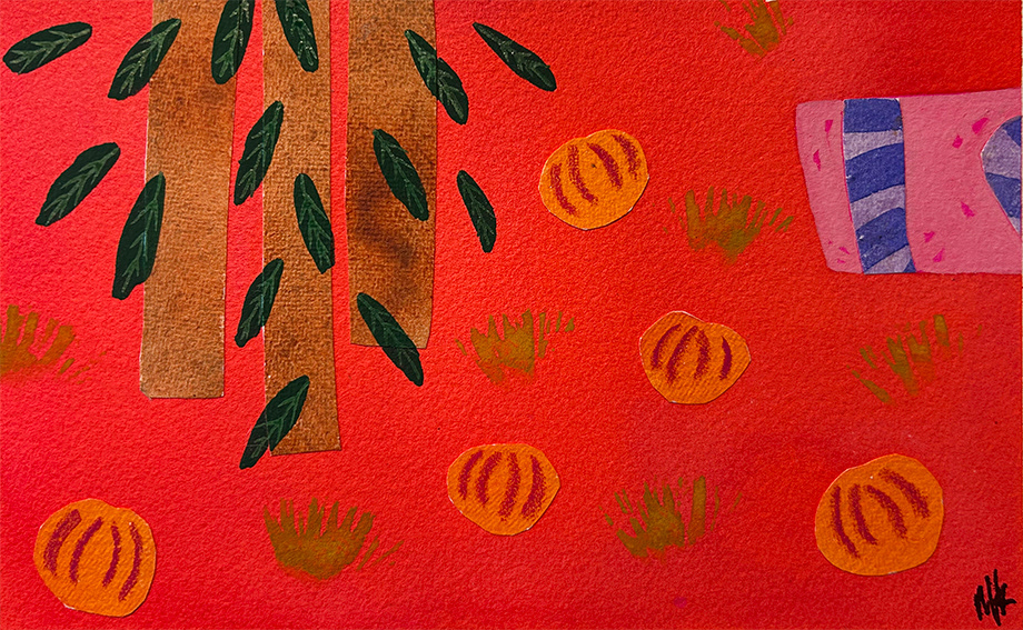 Composition with Trees and Pink Pot, 132mm x 212mm, water based media and collage on 300gsm watercolour paper