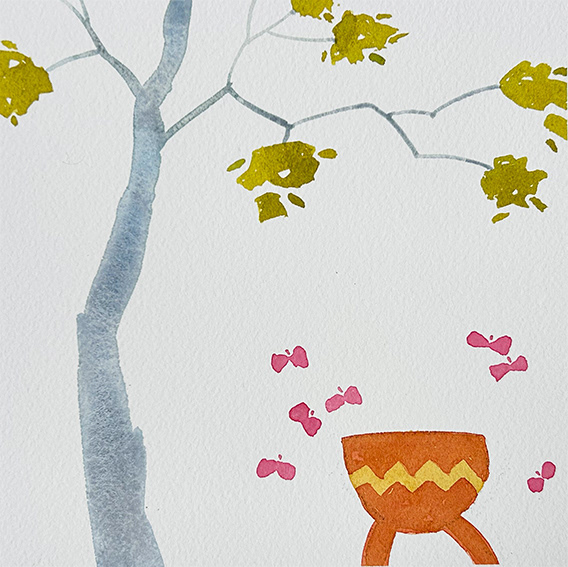 Composition with Blue Tree and Orange Pot, watercolour on Arches 300gsm watercolour paper, 150mm x 150mm