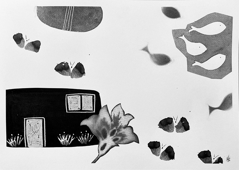 Composition with Caravan and Guitar, mixed media and collage on paper, 273mm x 397