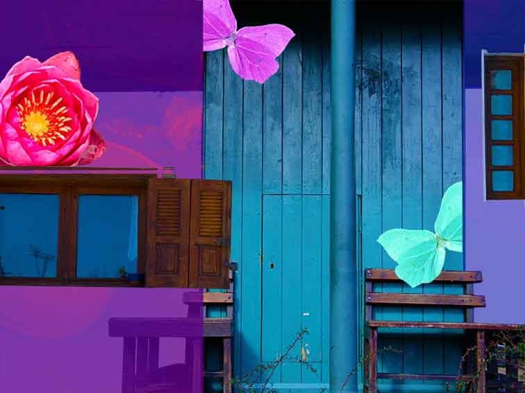 Composition with Pink Flower and Butterflies