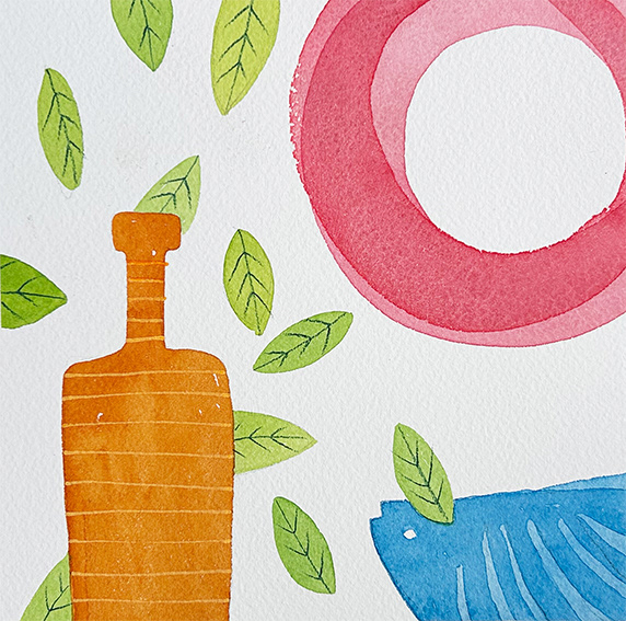 Composition with Orange Bottle and Blue Fish, watercolour on Arches 300gsm watercolour paper, 150mm x 150mm