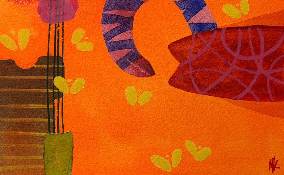 Composition with Brown Shirt and Yellow Butterflies, 132mm x 212mm, water based media and collage on 300gsm watercolour paper