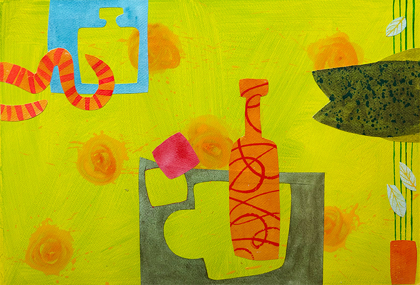 Composition with Orange Bottle, water based media and collage, 325mm x 476mm, water based media and collage