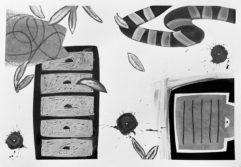 Composition with Drawers and Snake, mixed media and collage on paper, 273mm x 397mm