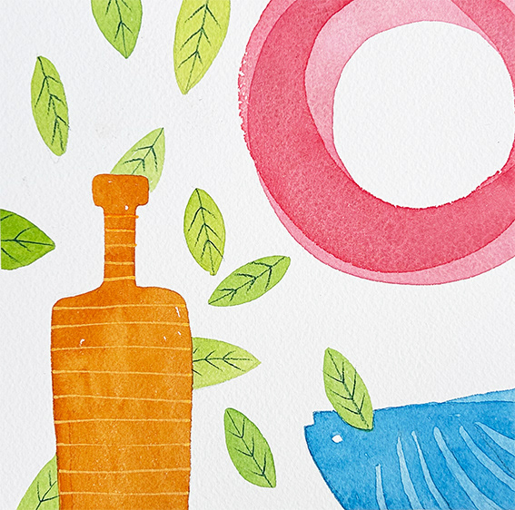 'Composition with Orange Bottle and Blue Fish', water based media and collage on 300gsm watercolour paper, 150mm x 150mm 