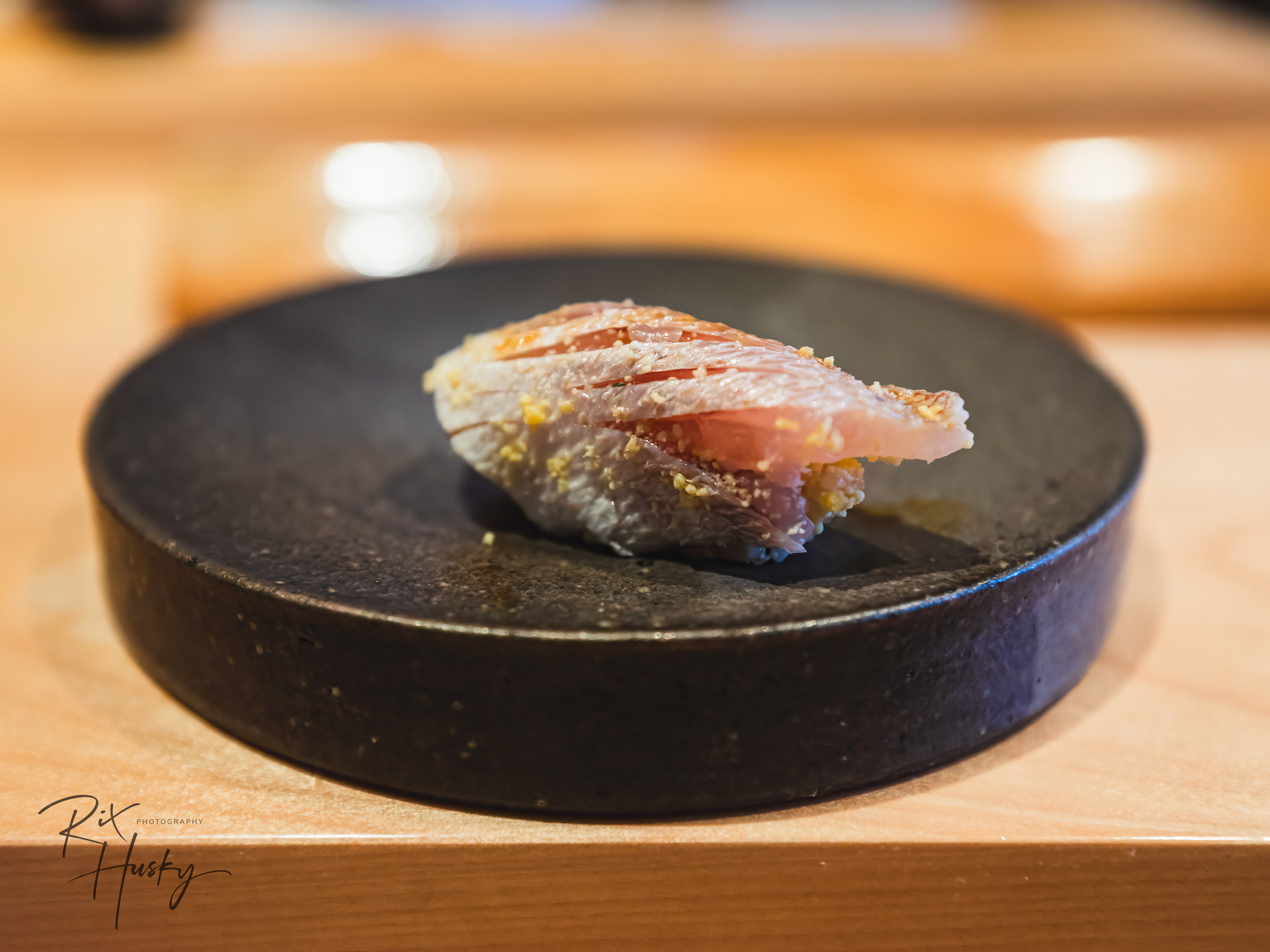 Baby Snapper with Egg Yolk (Hard Boiled Mixed with Vinegar) and Yuzu Nigiri