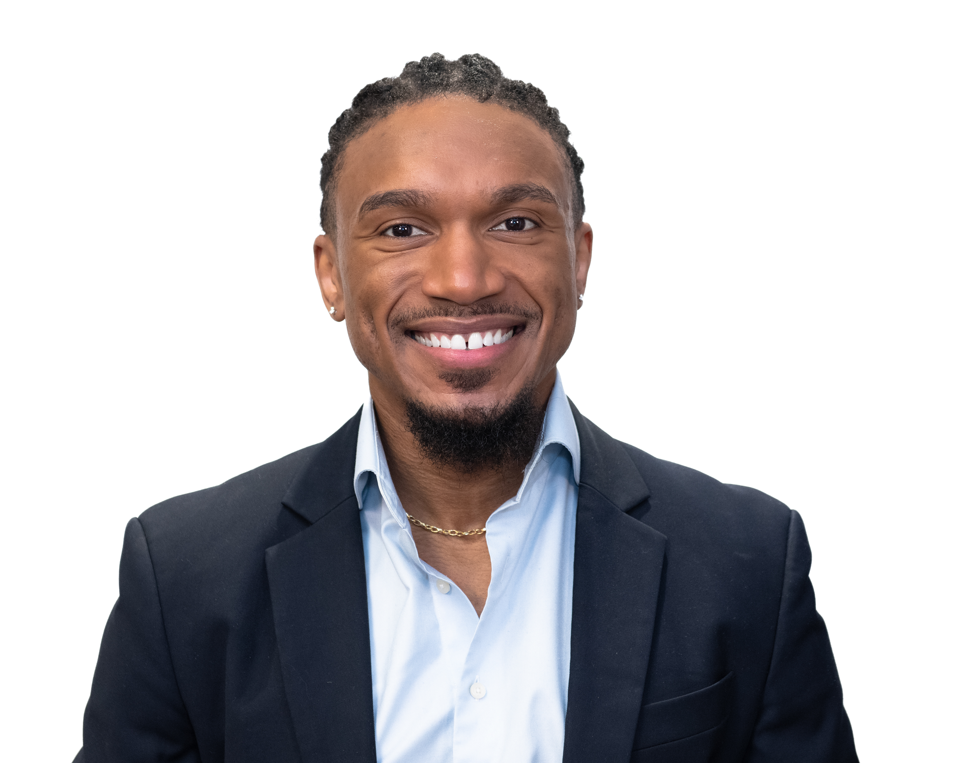 Modern studio headshot of a corporate executive on a white background, Washington DC